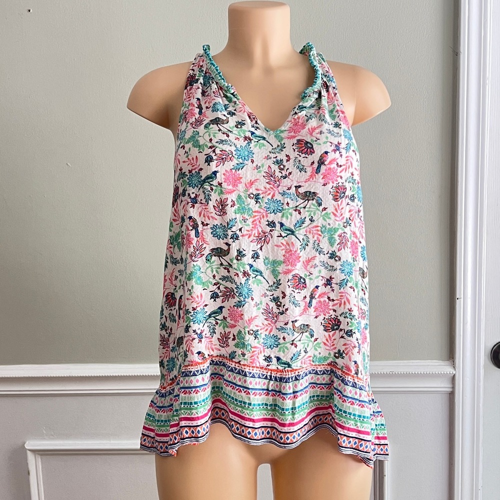 Rose + Olive Sleeveless Top Womens L Floral Bird Boho Ruffle Hem Multicolor Boho